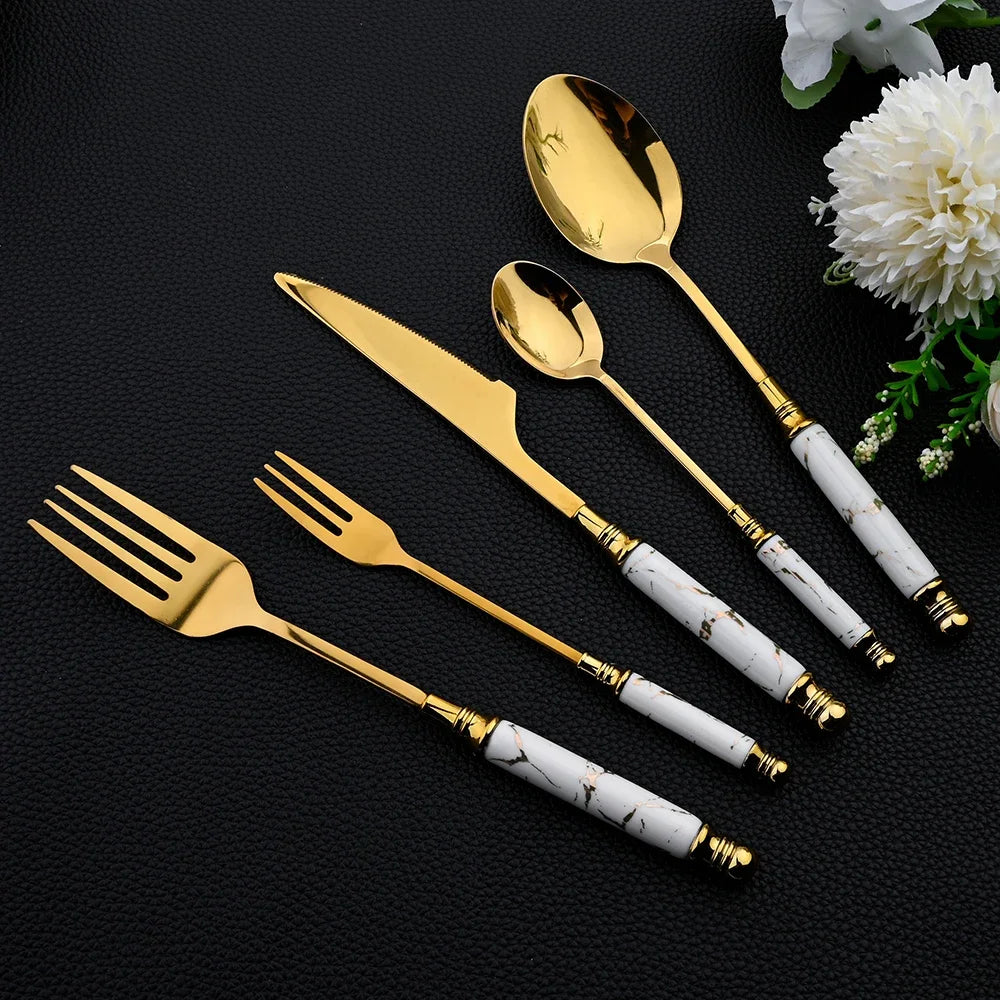30Pcs Gold Flatware Set with Mirror Ceramic Handle – Luxury Stainless Steel Dinnerware for 6