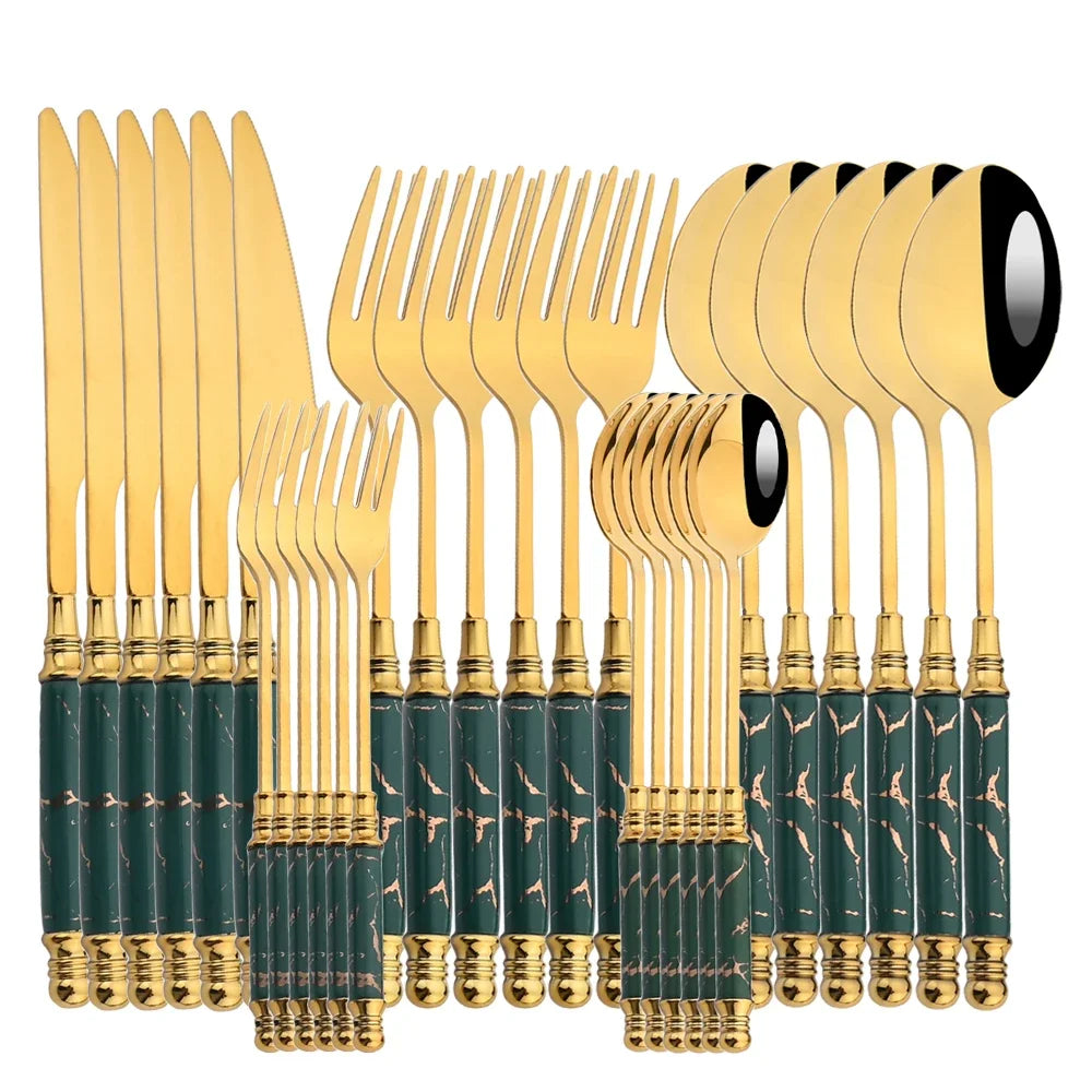 30Pcs Gold Flatware Set with Mirror Ceramic Handle – Luxury Stainless Steel Dinnerware for 6