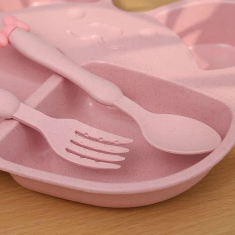 Wheat Straw Children’s Cartoon Tableware Set – Eco-Friendly Baby & Toddler Dinner Plate, Bowl, Spoon & Fork