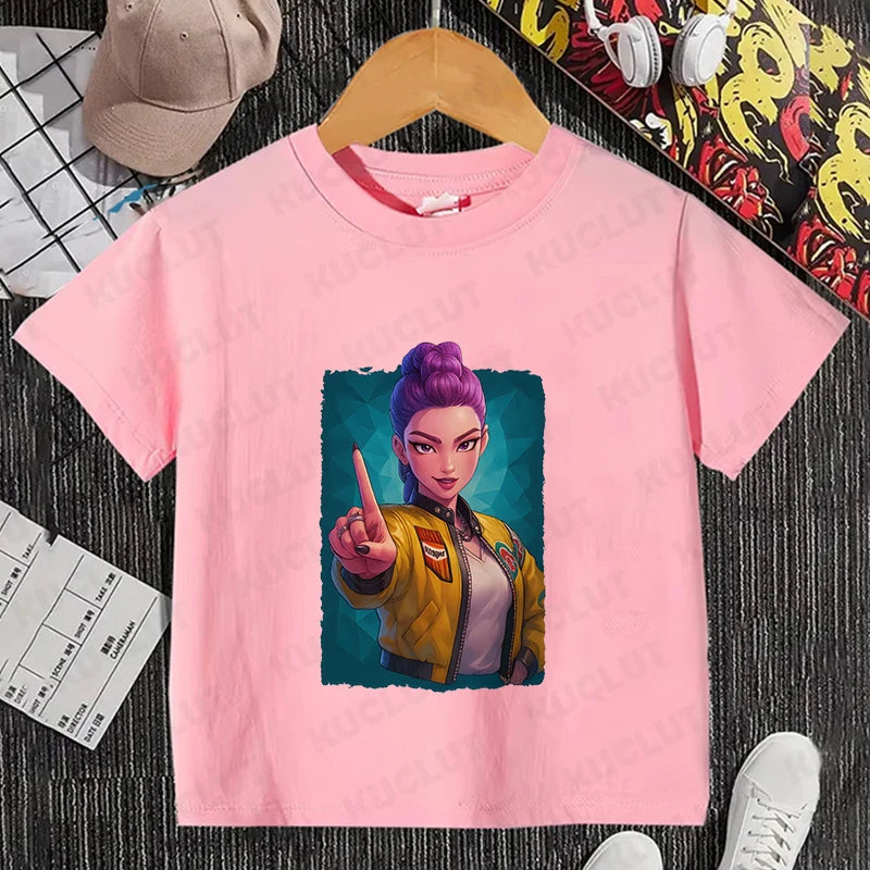 Girls Kpop Demon Hunter HuntrX T-Shirt – Trendy Y2K Korean Fashion Top for Kids