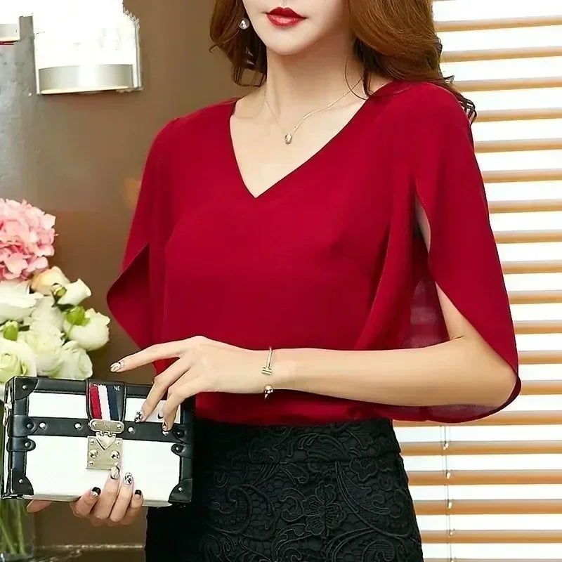 Women’s Chiffon Short Sleeve Shirt – Sexy V-Neck Loose Ruffled Blouse