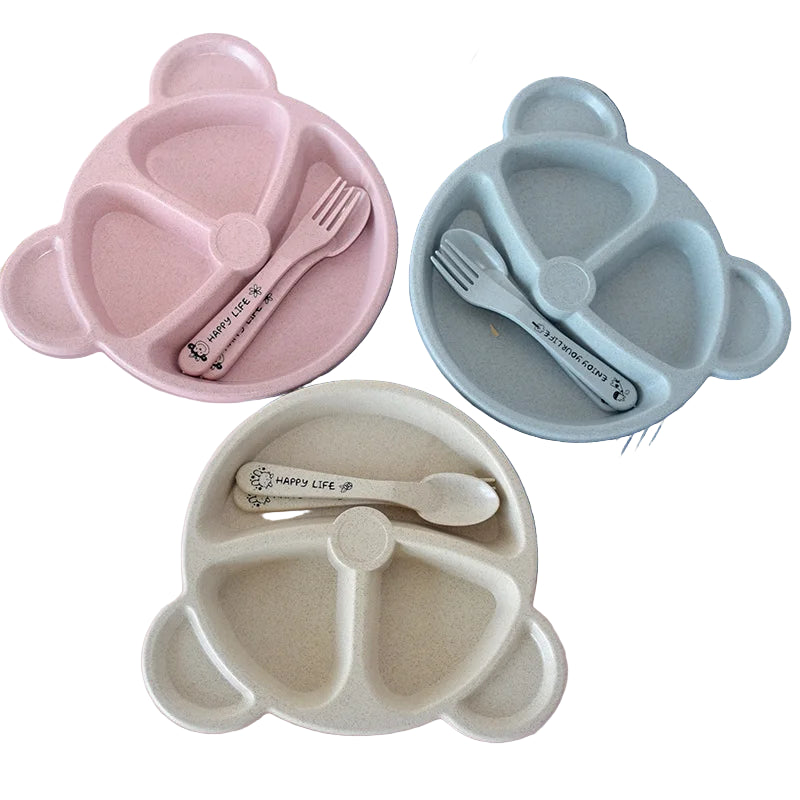 3-Piece Cute Divided Children’s Tableware Set – Wheat Material Baby Plate, Bowl, Fork & Spoon