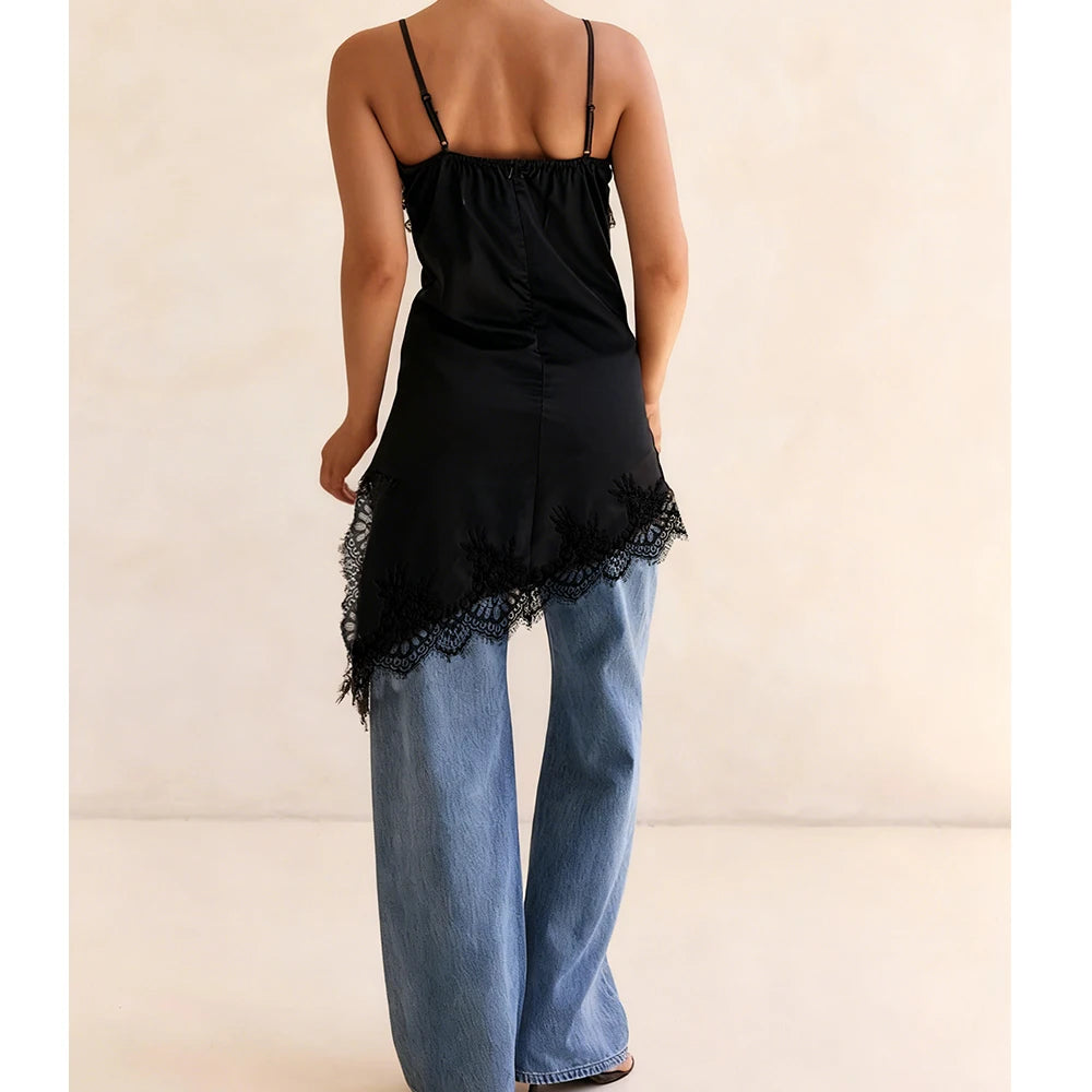 Satin Lace Sling Cami Top for Women – Vintage V-Neck Spaghetti Strap Long Camisole