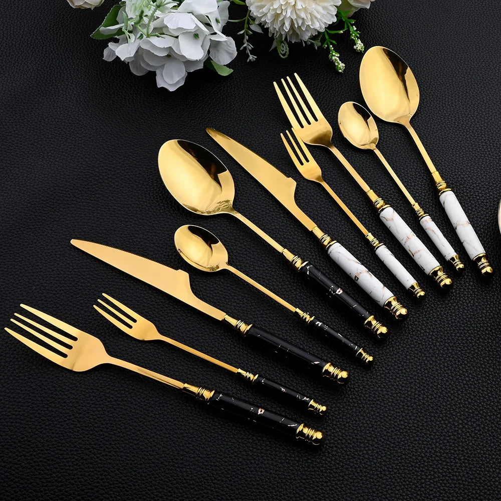 30Pcs Gold Flatware Set with Mirror Ceramic Handle – Luxury Stainless Steel Dinnerware for 6