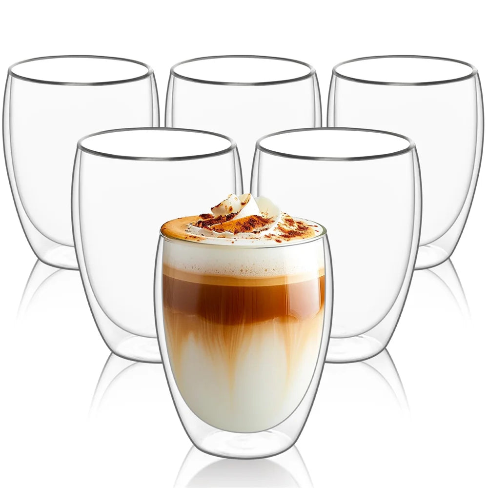 6pcs Double-Wall Insulated Glass Espresso Cups – Thermal Glass Coffee Mug Set