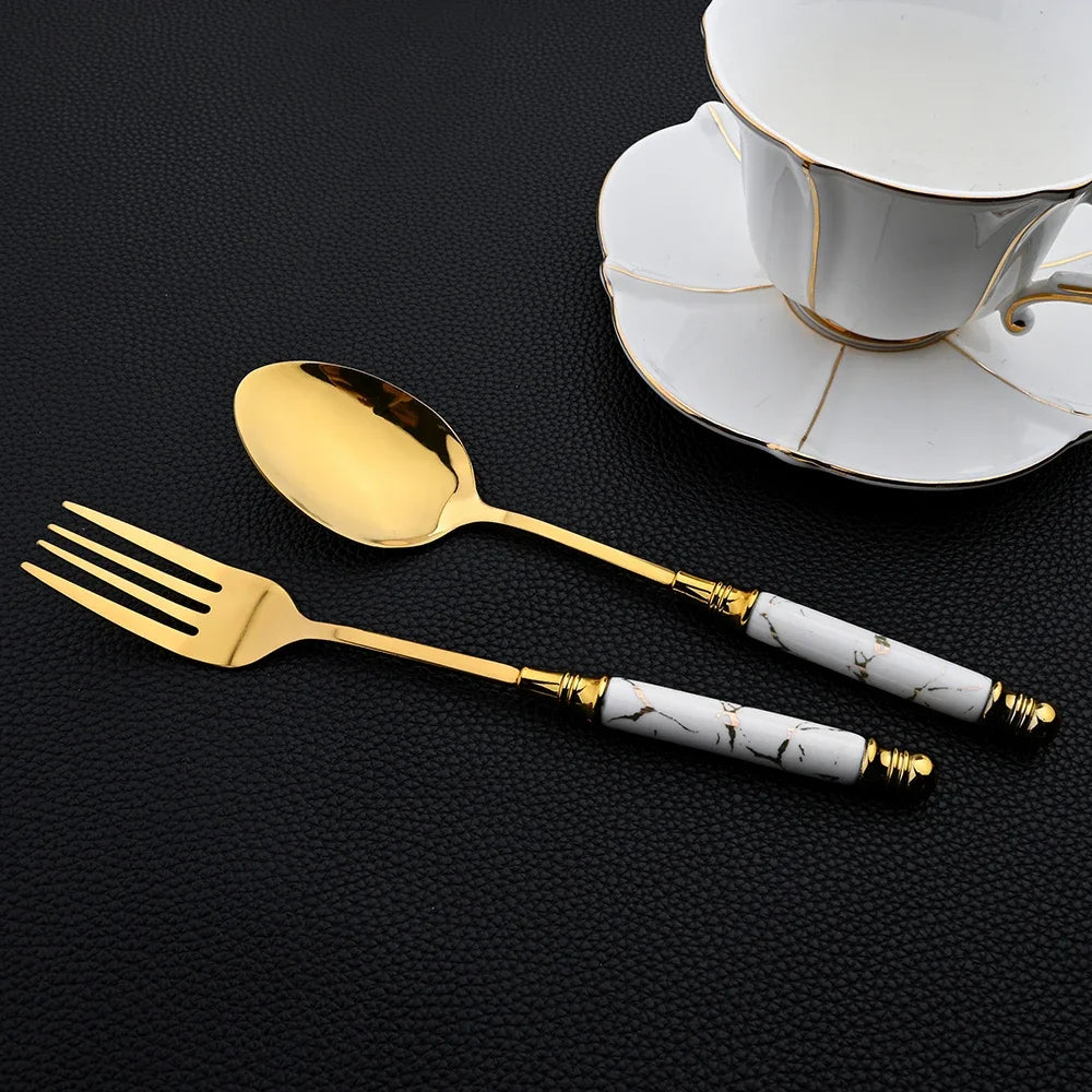 30Pcs Gold Flatware Set with Mirror Ceramic Handle – Luxury Stainless Steel Dinnerware for 6