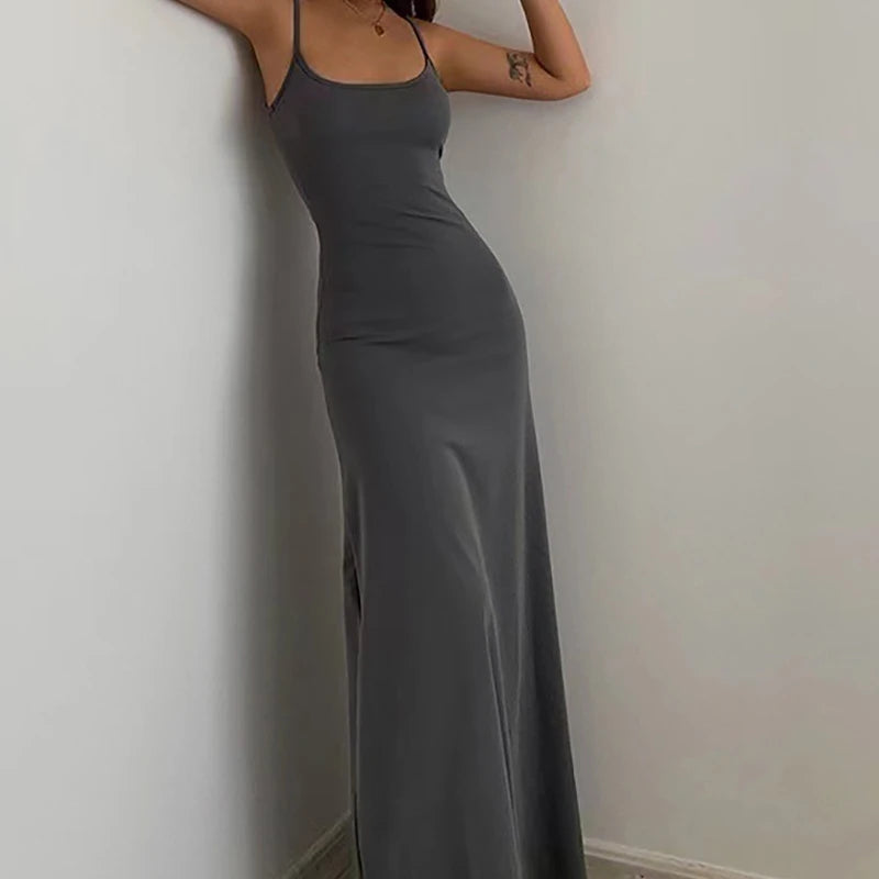 2025 European & American High-Waist Suspender Maxi Dress – Casual Solid Color Jumpsuit Style