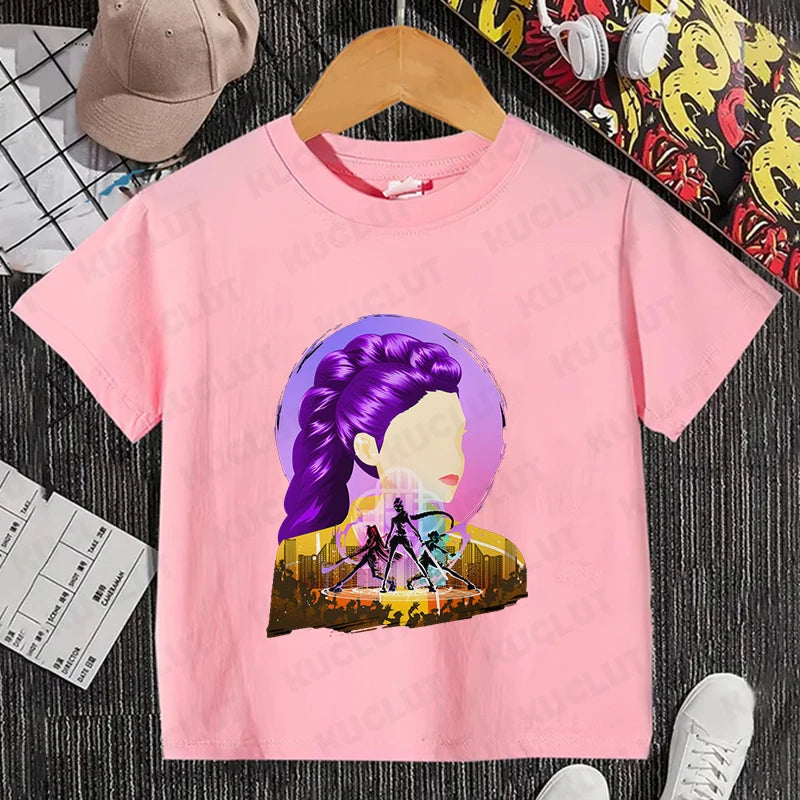 Girls Kpop Demon Hunter HuntrX T-Shirt – Trendy Y2K Korean Fashion Top for Kids