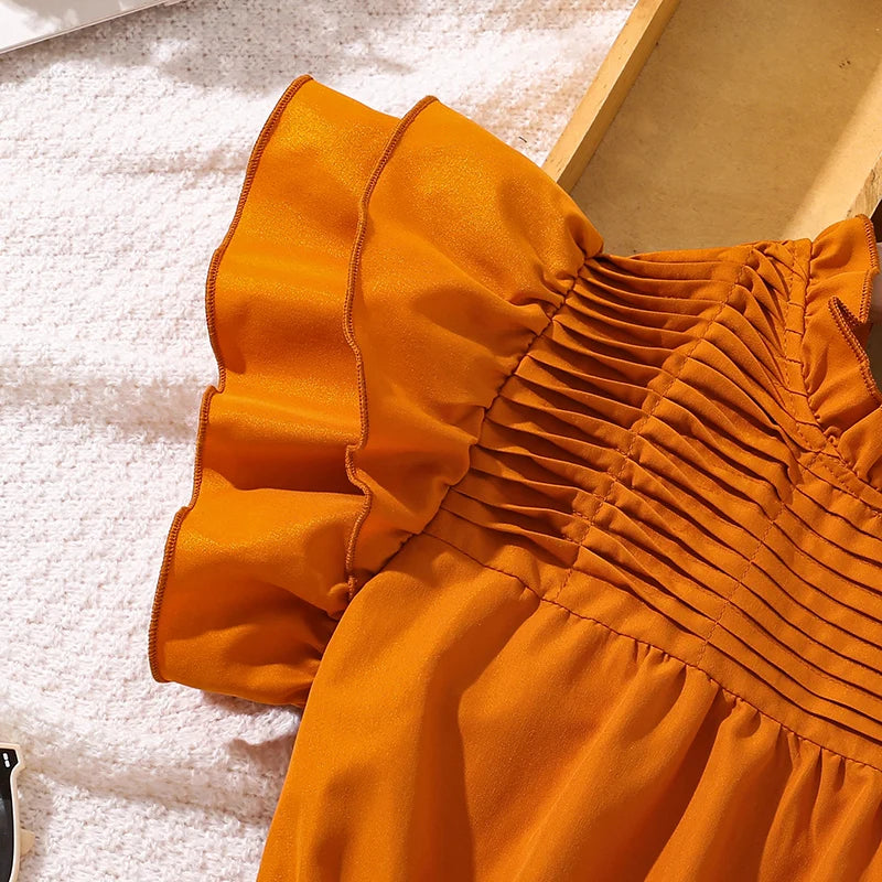 Girls Brown Ruffled Tiered Dress – Elegant Summer Outfit with Belt & Wing Sleeves (Ages 8–12)