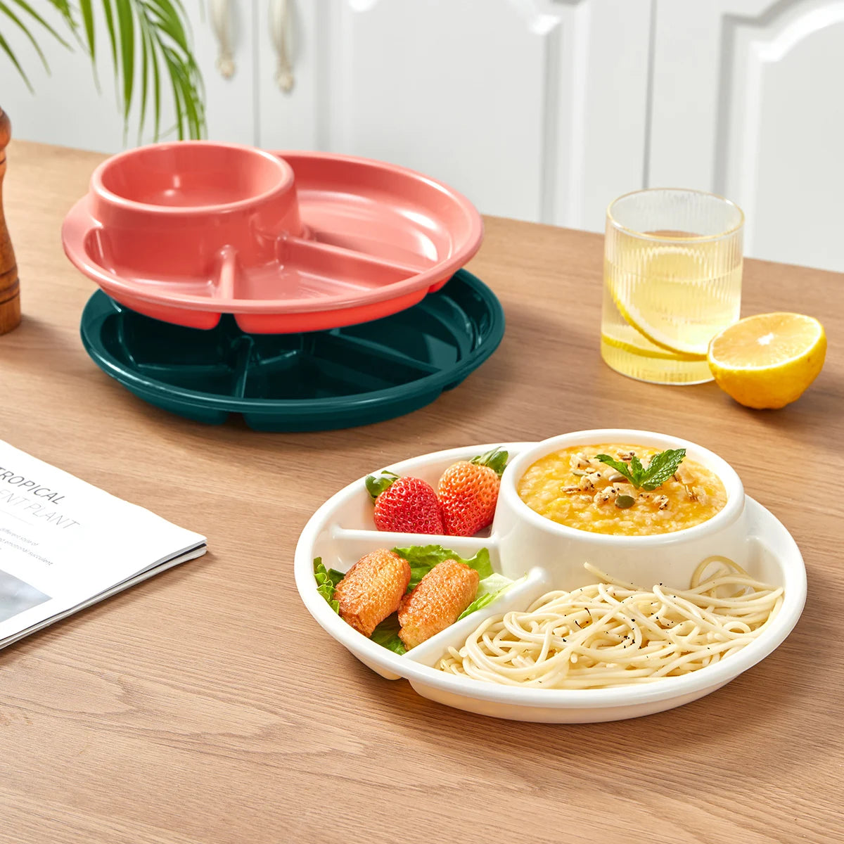 WORTHBUY Round Divided Salad Plate – Reusable Dinner Plate with Fork & Spoon