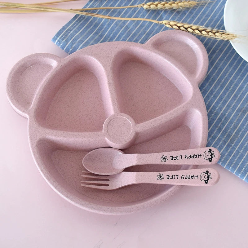 3-Piece Cute Divided Children’s Tableware Set – Wheat Material Baby Plate, Bowl, Fork & Spoon