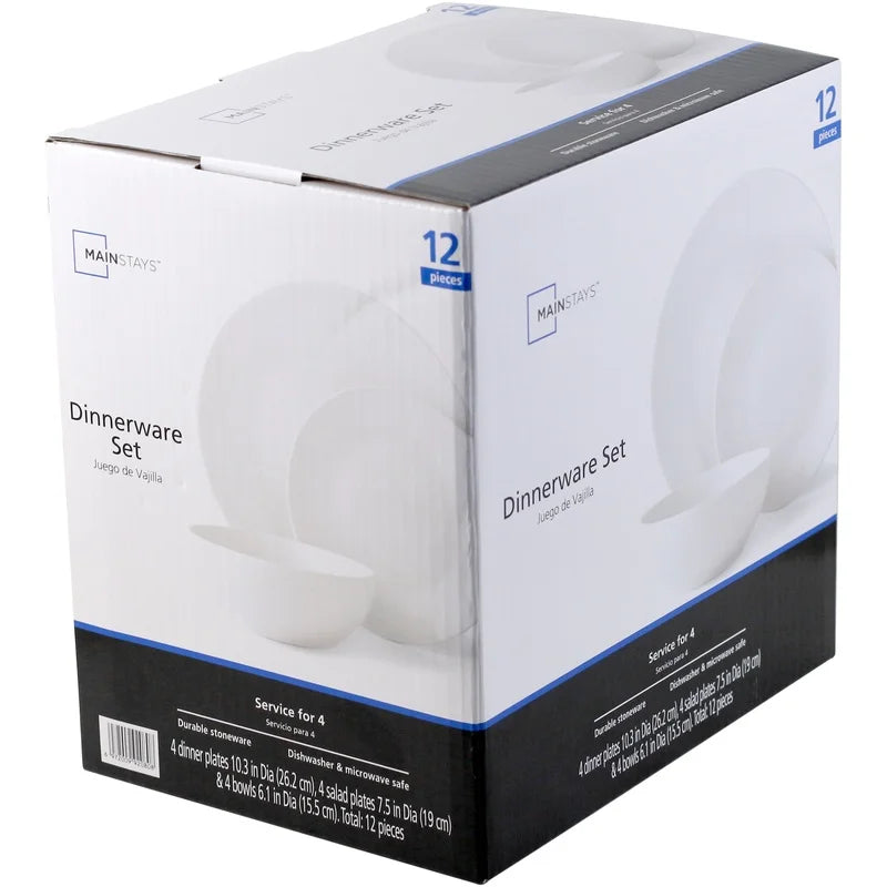 12-Piece White Stoneware Dinnerware Set – Elegant, Durable & Perfect for Any Occasion
