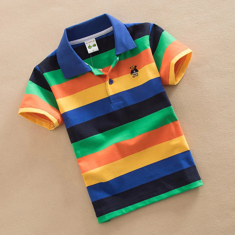 Boys Summer Stripe Polo T-Shirt – Cartoon Bear Embroidery Short Sleeve Top