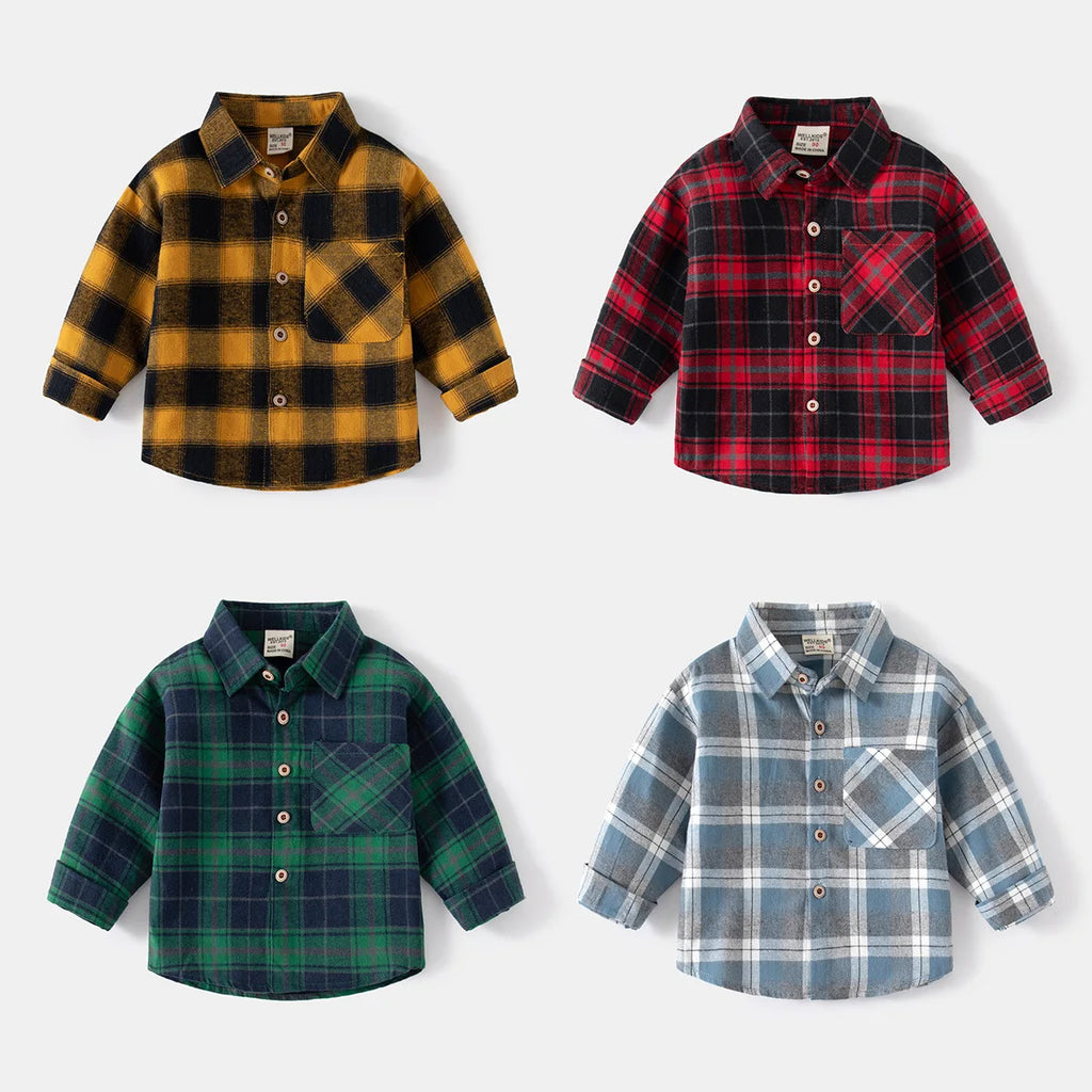 Boys’ Cotton Plaid Shirt – Classic Long Sleeve Button-Up for Kids