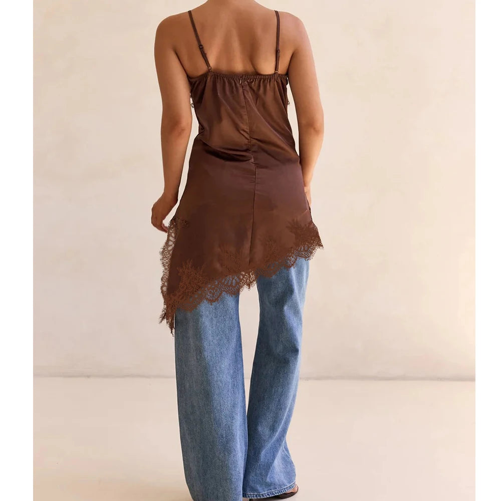 Satin Lace Sling Cami Top for Women – Vintage V-Neck Spaghetti Strap Long Camisole