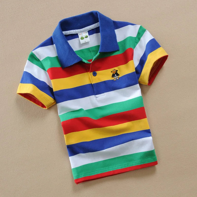 Boys Summer Stripe Polo T-Shirt – Cartoon Bear Embroidery Short Sleeve Top