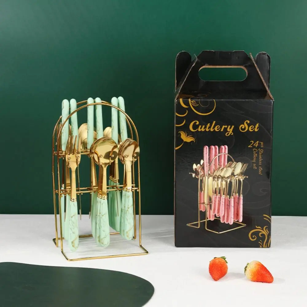 Fashion 24Pcs Cutlery Set – Stainless Steel Flatware with Color Handles & Storage Rack