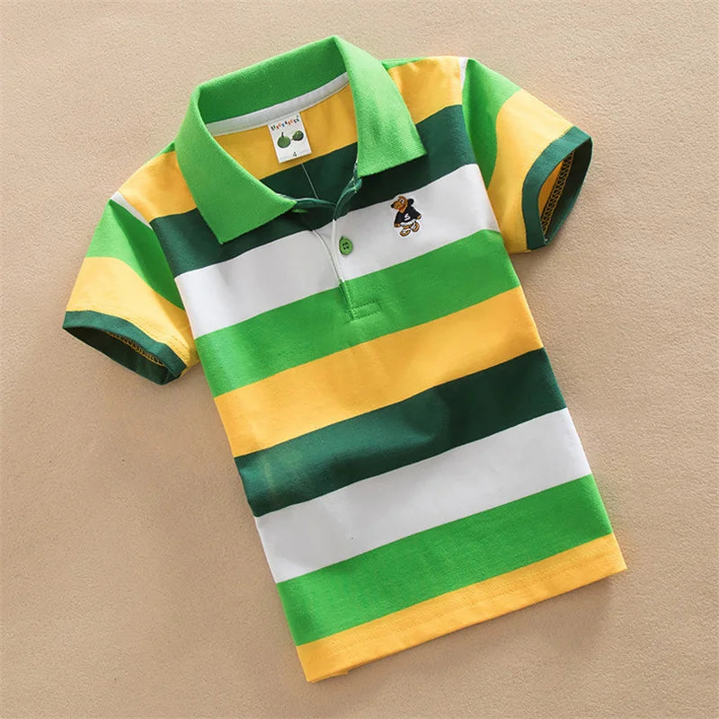 Boys Summer Stripe Polo T-Shirt – Cartoon Bear Embroidery Short Sleeve Top