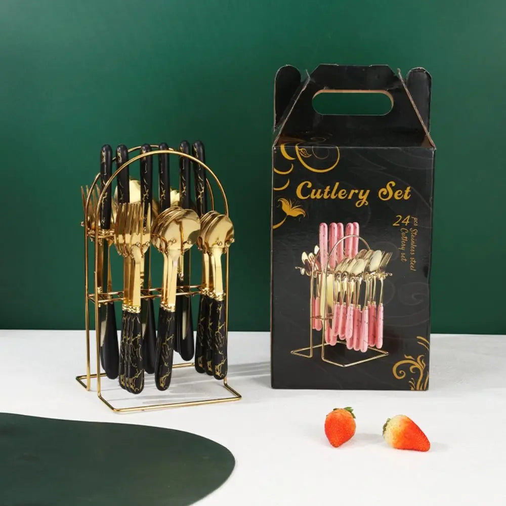 Fashion 24Pcs Cutlery Set – Stainless Steel Flatware with Color Handles & Storage Rack