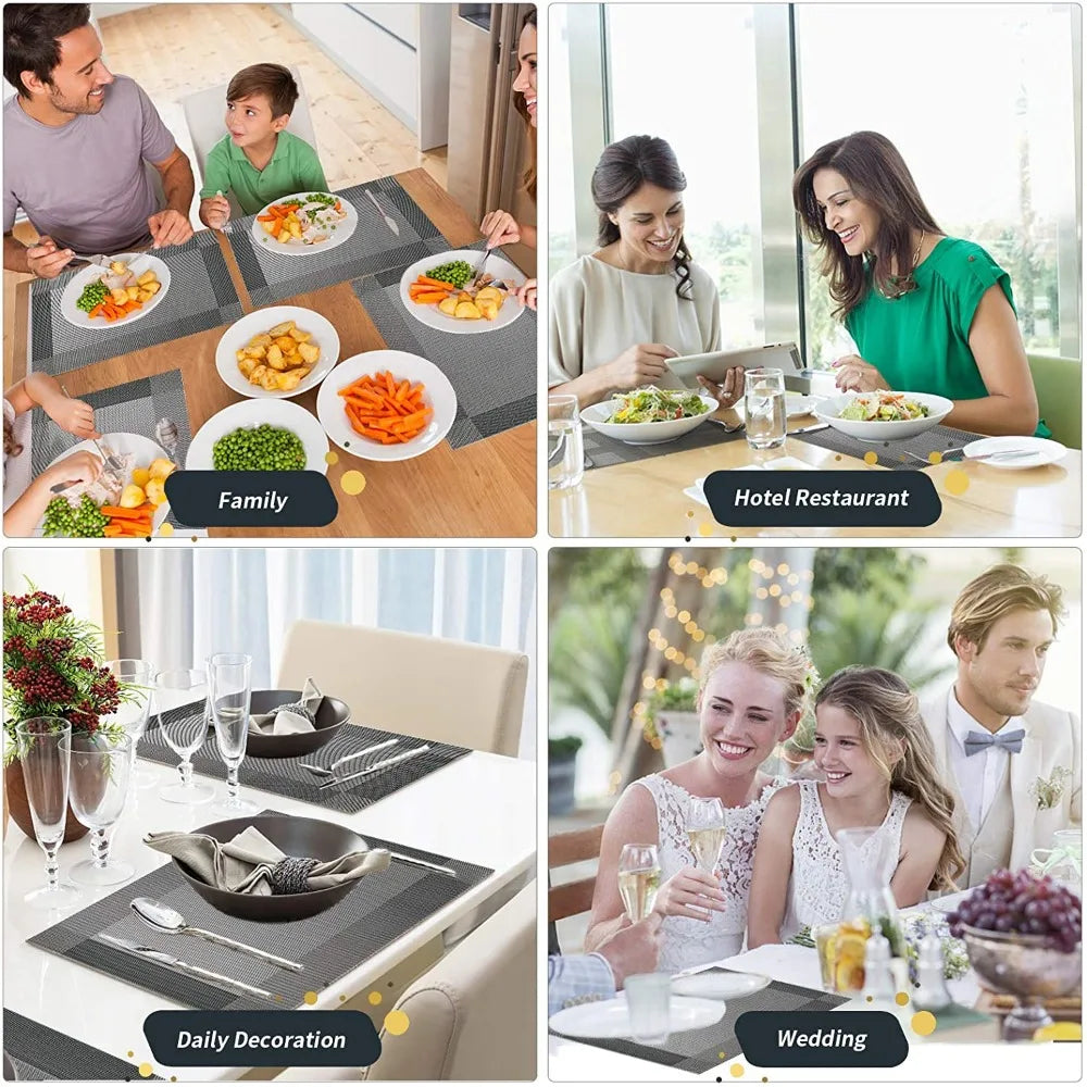 Set of 6 Placemats with Matching Coasters – Woven Vinyl, Non-Slip & Washable Table Mats for Dining, Kitchen & Restaurants