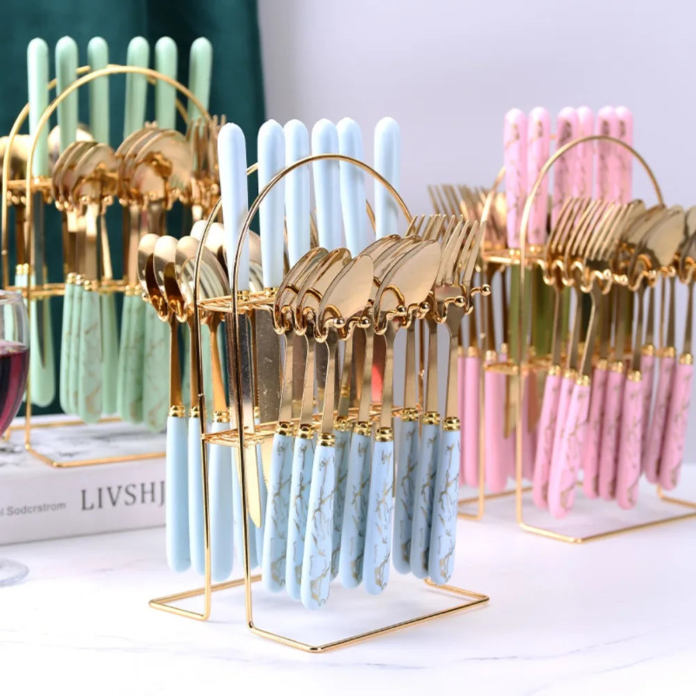 Fashion 24Pcs Cutlery Set – Stainless Steel Flatware with Color Handles & Storage Rack