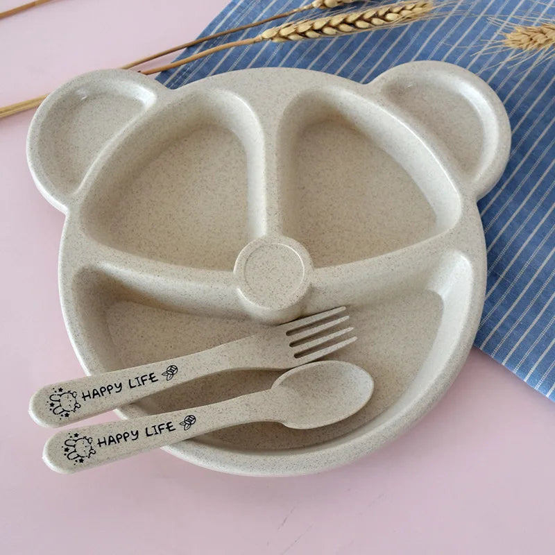 3-Piece Cute Divided Children’s Tableware Set – Wheat Material Baby Plate, Bowl, Fork & Spoon
