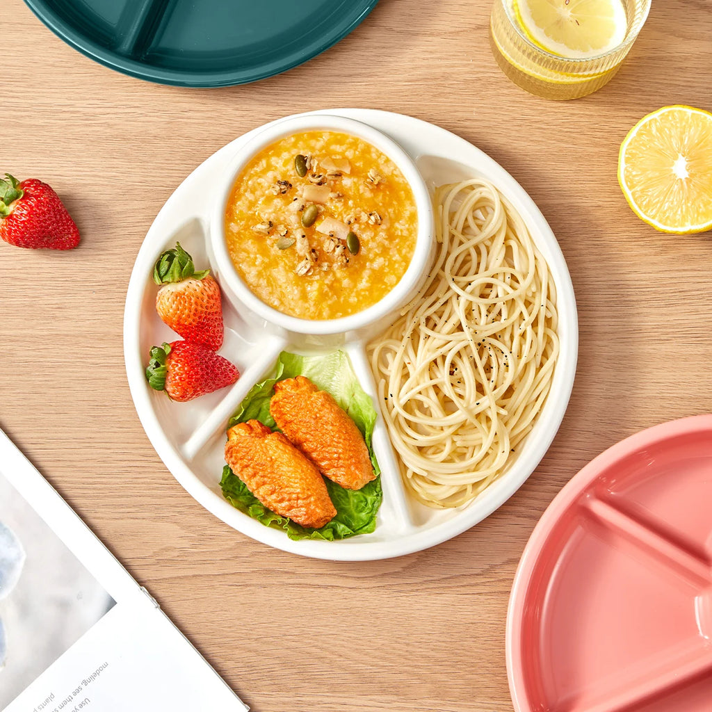 WORTHBUY Round Divided Salad Plate – Reusable Dinner Plate with Fork & Spoon