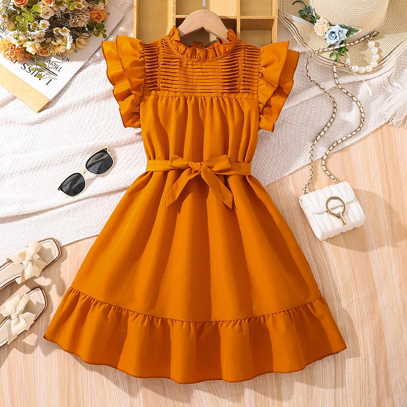 Girls Brown Ruffled Tiered Dress – Elegant Summer Outfit with Belt & Wing Sleeves (Ages 8–12)