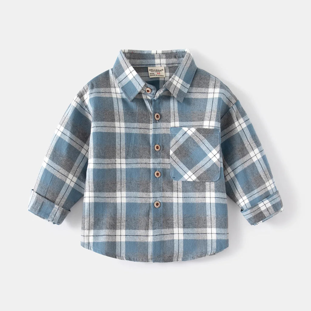 Boys’ Cotton Plaid Shirt – Classic Long Sleeve Button-Up for Kids